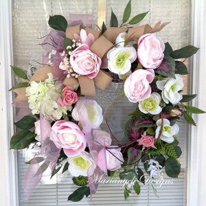 Large Pink Spring front door wreath, Mother's Day, Easter, wedding, cottage, shabby chic, breast cancer image 2