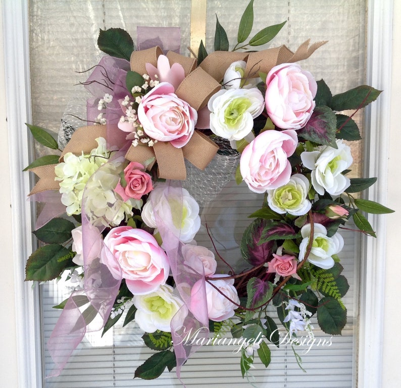 Large Pink Spring front door wreath, Mother's Day, Easter, wedding, cottage, shabby chic, breast cancer image 2