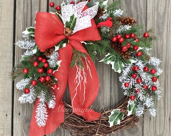 Large Christmas front door wreath/Winter decor/red and green holiday