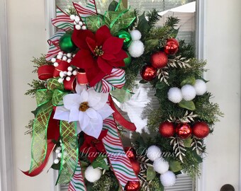 Large front door red white Christmas Wreath/poinsettia fireplace decor/candy cane door hanger