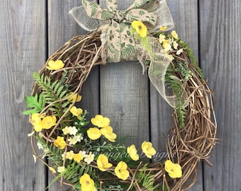 Large yellow spring front door wreath/wisteria vines and ferns/Easter/Mothers day
