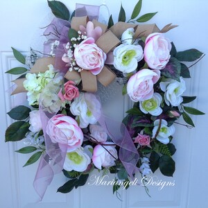 Large Pink Spring front door wreath, Mother's Day, Easter, wedding, cottage, shabby chic, breast cancer image 3