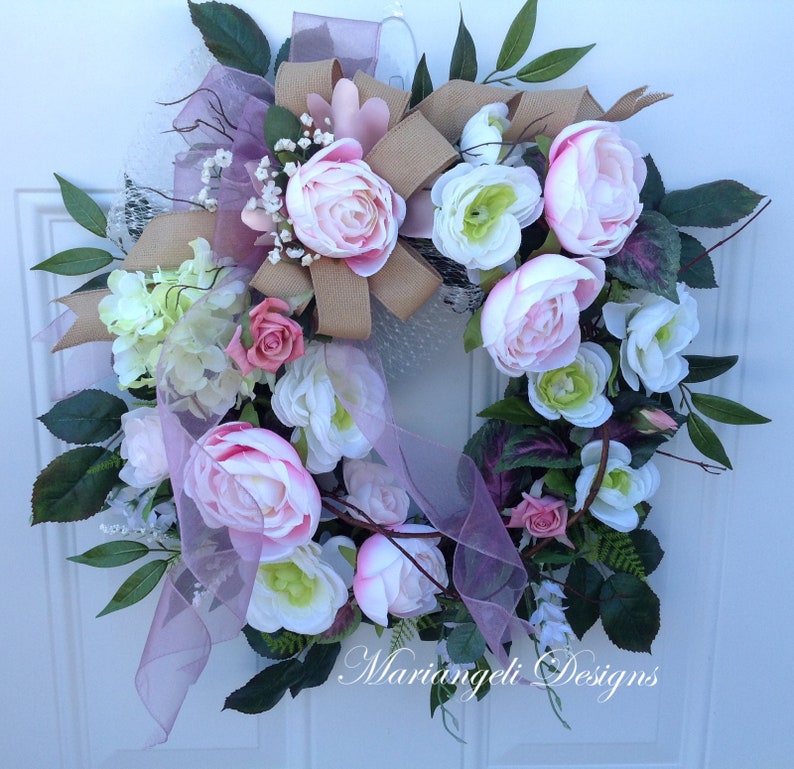 Large Pink Spring front door wreath, Mother's Day, Easter, wedding, cottage, shabby chic, breast cancer image 3