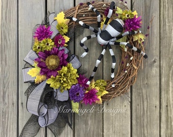 Large Halloween front door wreath / fall door decor / purple green black gray door hanger / spider wreath