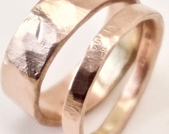 Rose Gold Wedding Band Set, Two Flat Hammered Rings, His and Hers, 9 Carat Gold Men's Ring, Unisex Rose Gold Ring, Chunky Wide Ring