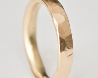 Gold Wedding Band, Flat Hammered Ring, Unique Textured Ring, 9 Carat Yellow Gold, Alternative Wedding, Rustic Ring, Gift for Boyfriend