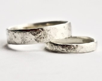 White Gold Distressed Texture Wedding Ring Set, 9 Carat Gold Recycled Men Ring, Bride Jewellery, Matching His and His Hers and Hers, Couple
