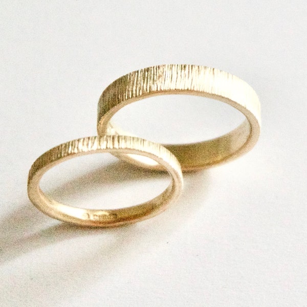 Tree Bark Texture 9 Carat Recycled Gold Wedding Band Set