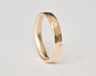 Gold Wedding Band - Flat Hammered Gold Ring - Unique Textured Ring  - 9 Carat Yellow Gold - Alternative Wedding - Rustic Wedding Ring