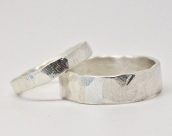 Wedding Band Set, Two Hammered Silver Rings, Sterling Silver Ring Nature, Man Simple Band, Recycled Matching Ring Pair, Textured Chunky Band