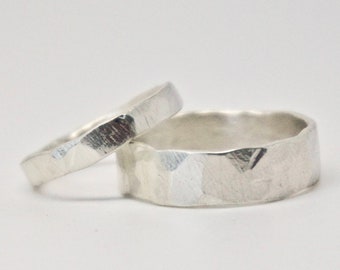 Wedding Band Set - Two Flat Hammered Silver Rings - Sterling Silver - Men's - Women's - His and Hers - Hammered - Recycled