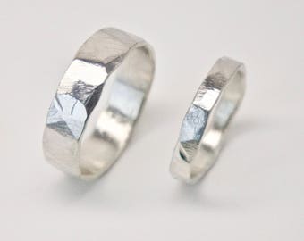 Wedding Band Set, Two Molten Silver Rings, Sterling Silver Ring Fluid, Man Simple Band, Recycled Matching Ring Pair, Textured Wave Band 925