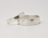 Wedding Band Set - Two Flat Hammered Silver Rings - Sterling Silver - Men's - Women's - His and Hers - Hammered - Recycled