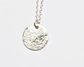 Silver Moon Pendant - Celestial Silver Full Moon Disc Necklace - Minimal Jewellery - Hammered Circle