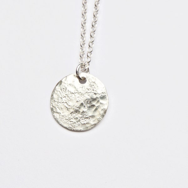 Silver Moon Pendant - Celestial Silver Full Moon Disc Necklace - Minimal Jewellery - Hammered Circle