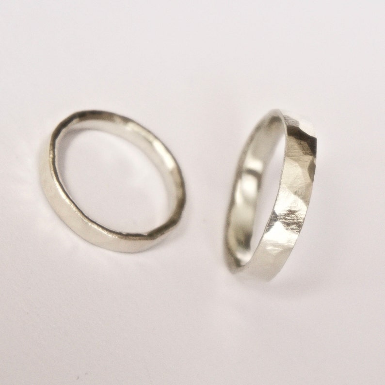 White Gold Wedding Band Set Hammered Ring Wedding Ring Set 9 Carat Gold Flat Hammered Men's Ring Women's Ring Unisex image 4