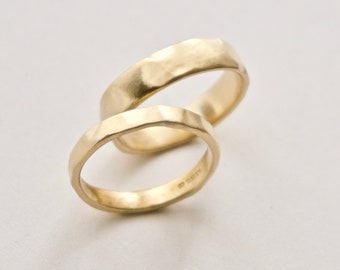 Unique Gold Wedding Ring Set - Organic Shape Textured Bands  - 18 Carat Yellow Gold Molten Ring - Men's Women's - Couples
