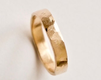 Gold Wedding Band - Hammered 14k Gold Ring - Flat Hammer Rings - Yellow Gold  - Men's Ring - Women's Ring - Unisex