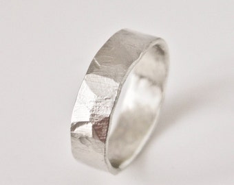 Silver Hammered Ring - Textured - Rustic Wedding Band - Flat Hammer - Sterling Silver - Unisex - Men's Women's
