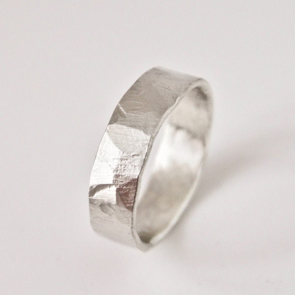 Silver Hammered Ring - Textured - Rustic Wedding Band - Flat Hammer - Sterling Silver - Unisex - Men's Women's