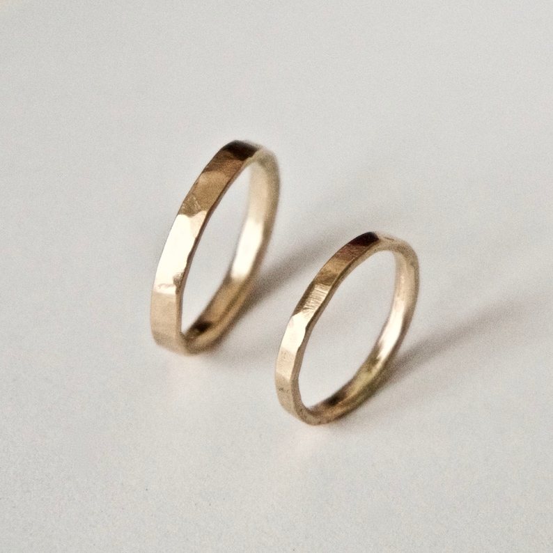 Wedding Band Set Two Flat Hammered Gold Rings His and Hers 9 Carat Yellow Gold Men's Ring Women's Ring Unisex image 2