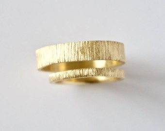 Wedding Ring Set - Two Tree Bark Bands  - 18 Carat Gold - Recycled Gold - Unisex