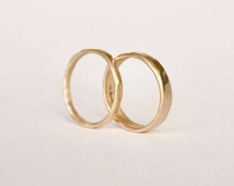 14k Gold Chunky and Dainty Wedding Bands - Wedding Ring Set in Recycled Gold with Molten Shape