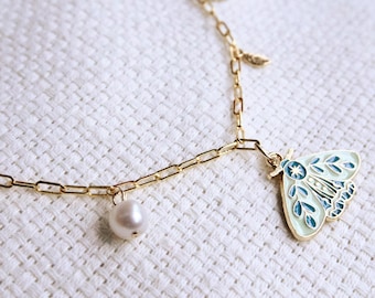 Zodiac Dainty Charm Moth Necklace | Gold Plated, Pearl & Turquoise | Astrology Birthstone Paperclip Chain