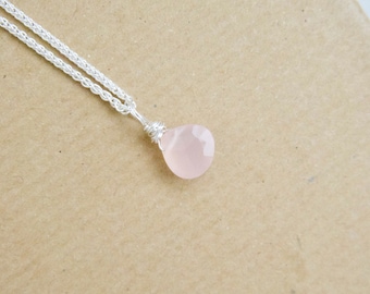 pink chalcedony faceted pear stone necklace - pink pendant with sterling silver chain - teardrop gemstone crystal