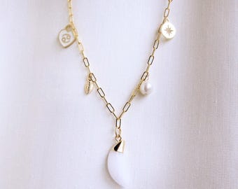 Moon Charm Necklace | Gold Plated, Pearl & White Jade | Astrology Birthstone Zodiac Paperclip Chain Crescent Celestial Personalised Star