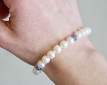 Pearl and Tanzanite silver bracelet - blue gemstone - pearl June birthstone - December birth stone sterling silver chain link - adjustable