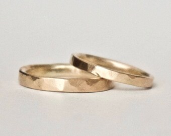 Wedding Band Set - Two Flat Hammered Gold Rings - His and Hers - 9 Carat Yellow Gold  - Men's Ring - Women's Ring - Unisex