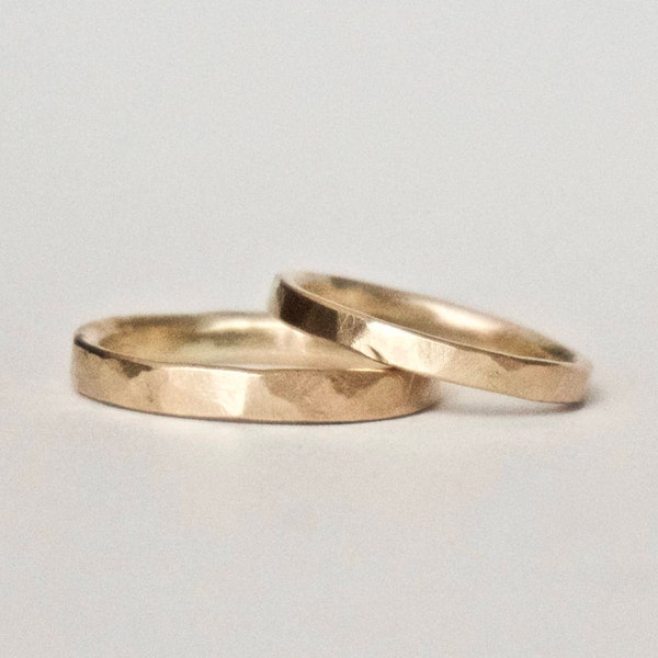 Wedding Band Set - Two Flat Hammered Gold Rings - His and Hers - 9 Carat Yellow Gold  - Men's Ring - Women's Ring - Unisex