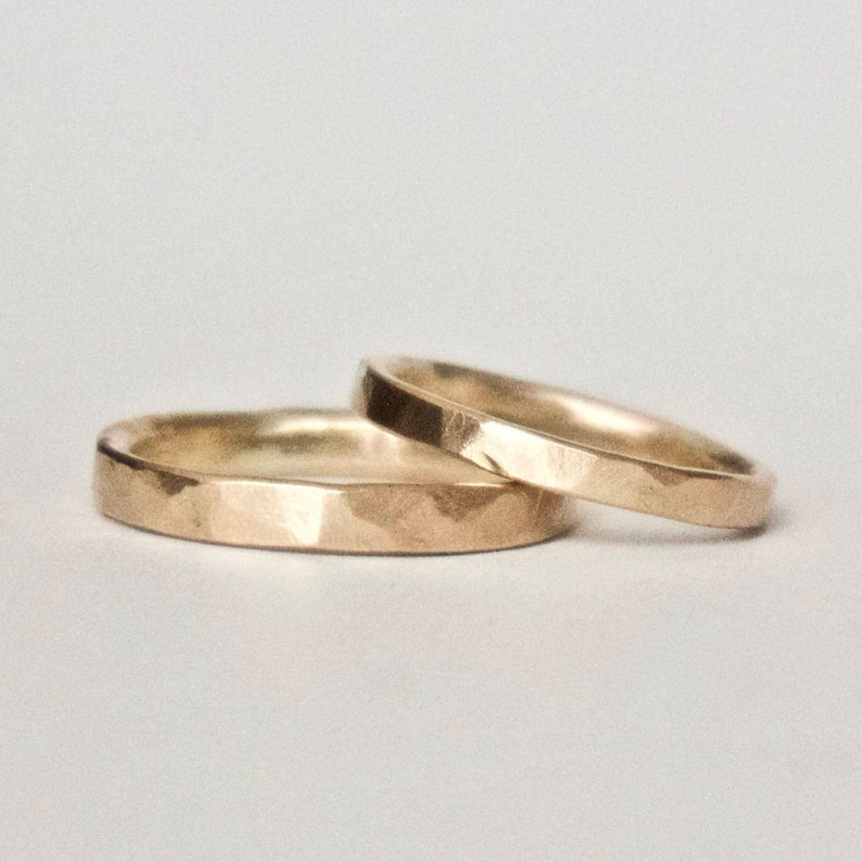 Wedding Band Set Two Flat Hammered Gold Rings His and Hers 9 Carat Yellow Gold Men's Ring Women's Ring Unisex image 1