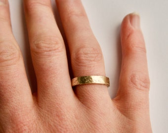 Gold Wedding Band - Distressed Hammered 14k Gold Engagement Ring - 4mm size UK size L US 5 1/2