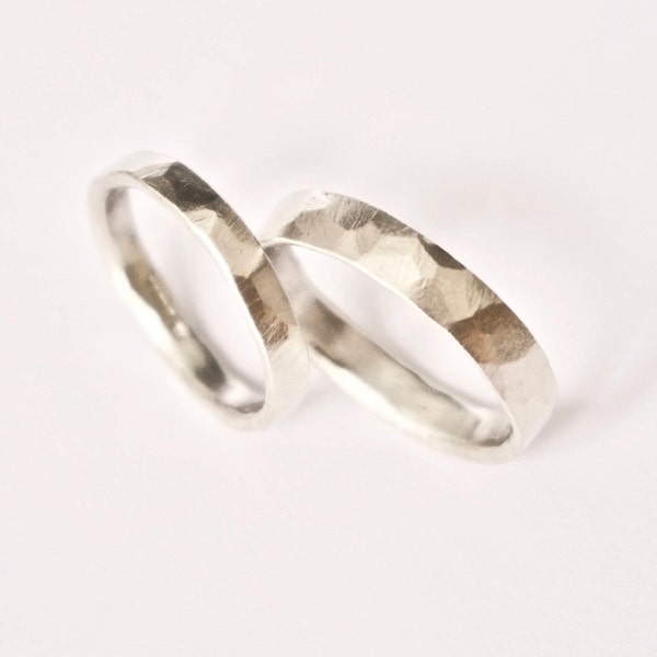 White Gold Wedding Band Set - Hammered Ring - Wedding Ring Set - 9 Carat Gold - Flat Hammered - Men's Ring - Women's Ring - Unisex
