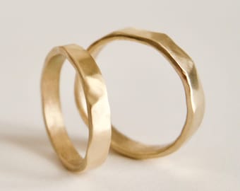 Gold Wedding Band Set, Rustic Organic Shape Ring, 9 Carat Yellow Gold Molten Ring, Handmade Ring, Unique Ring, Custom Handmade his and hers