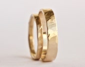 Wedding Ring Set - Two Flat Hammered Gold Rings - Rustic Textured Rings - 18 Carat Gold Wedding Band - Men's Women's - Couples