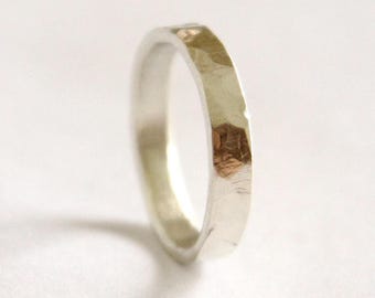 White Gold Hammered Ring Hammer Textured Rustic Wedding Band 9 Carat Men Women Recycled Handmade Solid 9k Organic Raw Stone Faceted