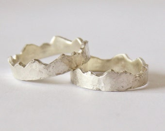 Silver Mountain Rings, Wedding Engagement Ring, Couple Ring, Recycled Sterling Silver Band Set, Handmade Alternative Ring, Fit Together