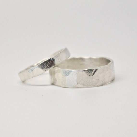 Wedding Band Set, Two Hammered Silver Rings, Sterling Silver Ring Nature, Man Simple Band, Recycled Matching Ring Pair, Textured Chunky Band
