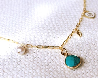 Dainty Charm Necklace | Zodiac Gold Plated, Pearl & Turquoise | Astrology Birthstone Paperclip Chain