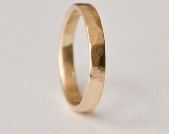 Gold Wedding Band - Hammered 14k Gold Ring - Flat Hammered Rings - 14 Carat Yellow Gold  - Men's Ring - Women's Ring - Unisex