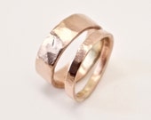 Rose Gold Wedding Band Set - Two Flat Hammered Rings - His and Hers - 9 Carat Gold - Men's Ring - Women's Ring - Unisex