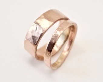 Rose Gold Wedding Band Set - Two Flat Hammered Rings - His and Hers - 9 Carat Gold  - Men's Ring - Women's Ring - Unisex