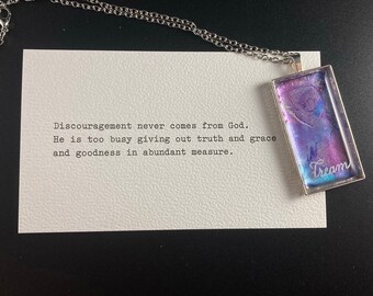 Pendant Necklace Alcohol Ink Art hand painted with bursts of blue and pink Dream hand engraved