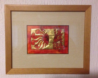 Framed art, IMAGINE, hand painted original on calfskin vellum with alcohol ink and gilded. Real leaf gold Sun, red, orange, OOAK