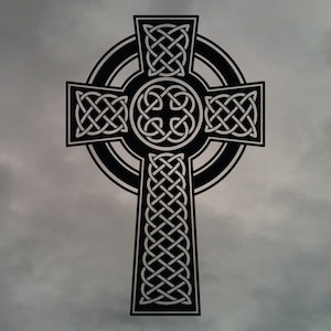 May include: A black Celtic cross with intricate knotwork designs. The cross is set against a gray cloudy background.