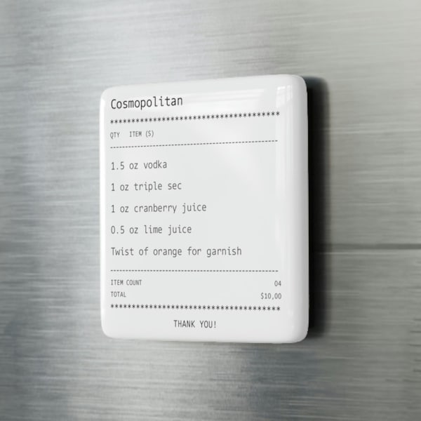 Receipt style Cosmopolitan - recipe porcelain Magnet - Square magnet housewarming - gift kitchen decoration