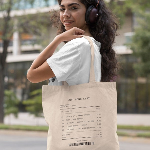 sac fourre-tout de reçu de chanson personnalisé, sac fourre-tout d'playlist de chanson personnalisable sac fourre-tout de toile personnalisé